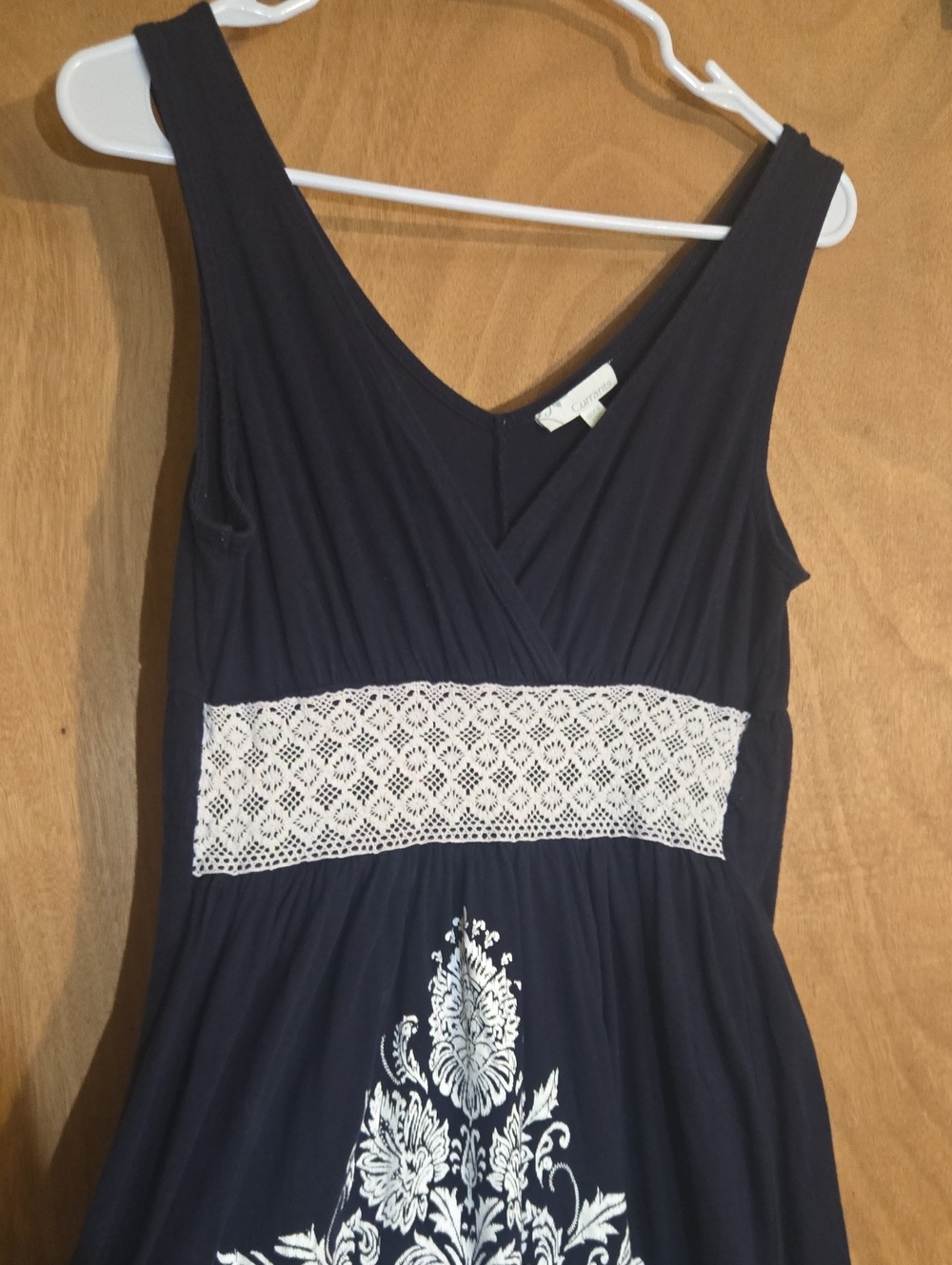 Navy Maxi Dress with White Lace Waist and Floral Print